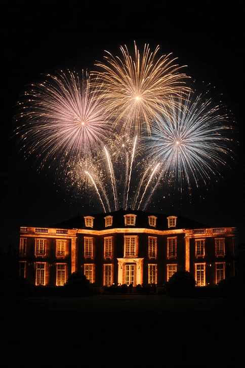 Feu d'artifice nocturne illuminant le ciel au-dessus d'un manoir géorgien en brique rouge, éclairé à l'orange