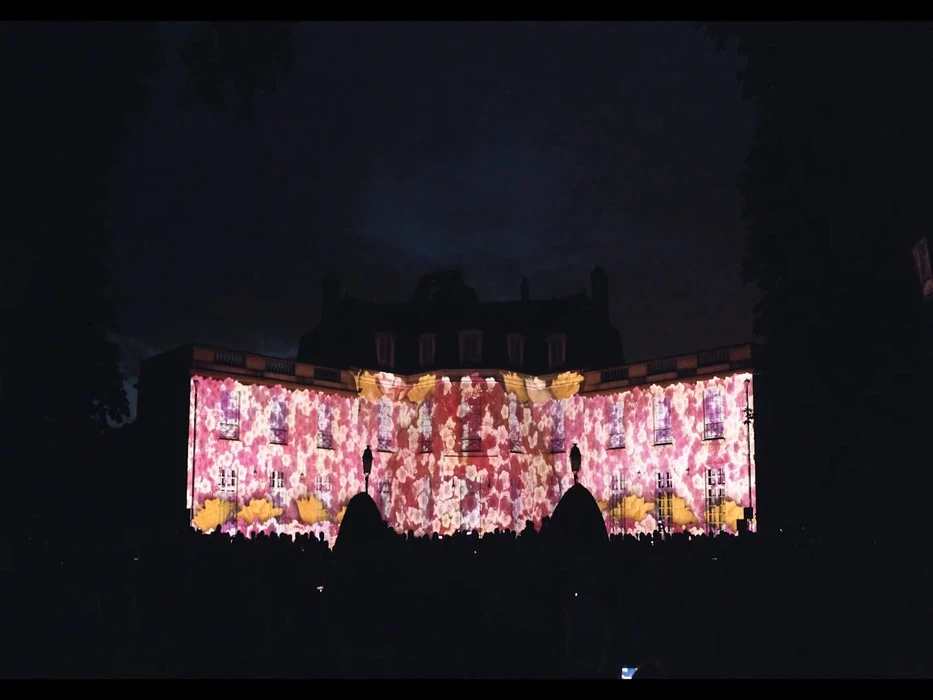 Spectacle de mapping vidéo nocturne sur façade de château classique français