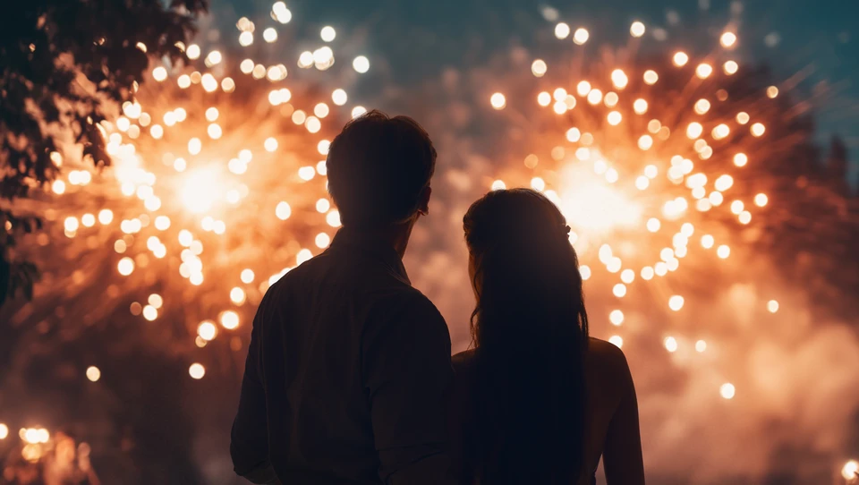 Feu d'artifice nocturne au-dessus d'un manoir géorgien en briques rouges, illuminé à l'orange