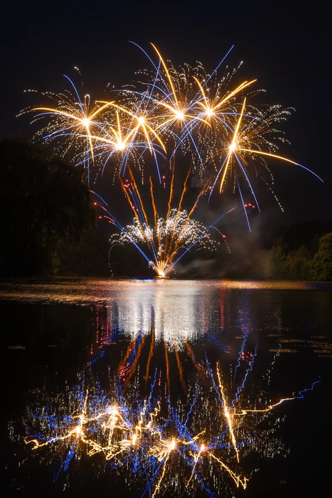 Famille de quatre personnes en silhouette regardant un feu d'artifice spectaculaire dans un paysage extérieur au coucher du soleil